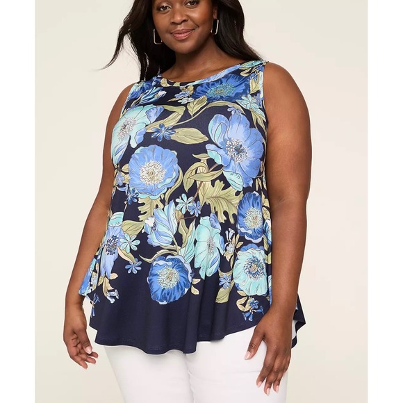 Lane Bryant Tops - Lane Bryant Floral Boatneck Swing Top Size 22/24‎ Blue/Navy Sleeveless NEW